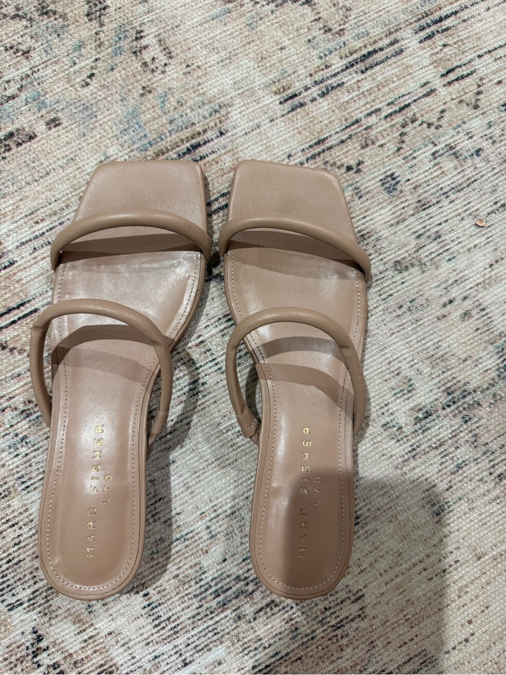 Marc Fisher Tan Double-Strap Square-Toe Slide Sandals
